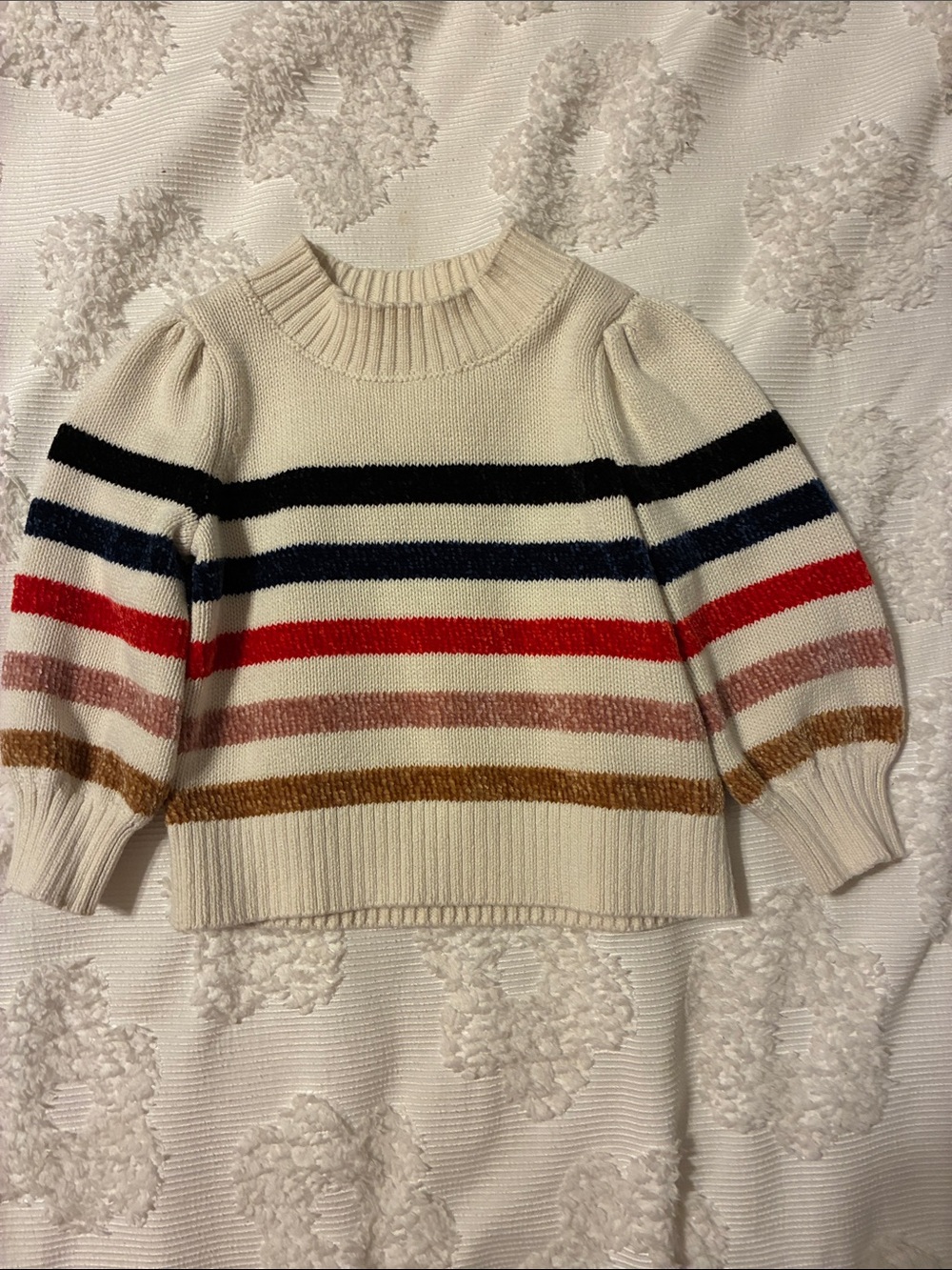 GAP Cream Striped Puff-Sleeve Sweater with Navy, Black, Red & Brown Stripes